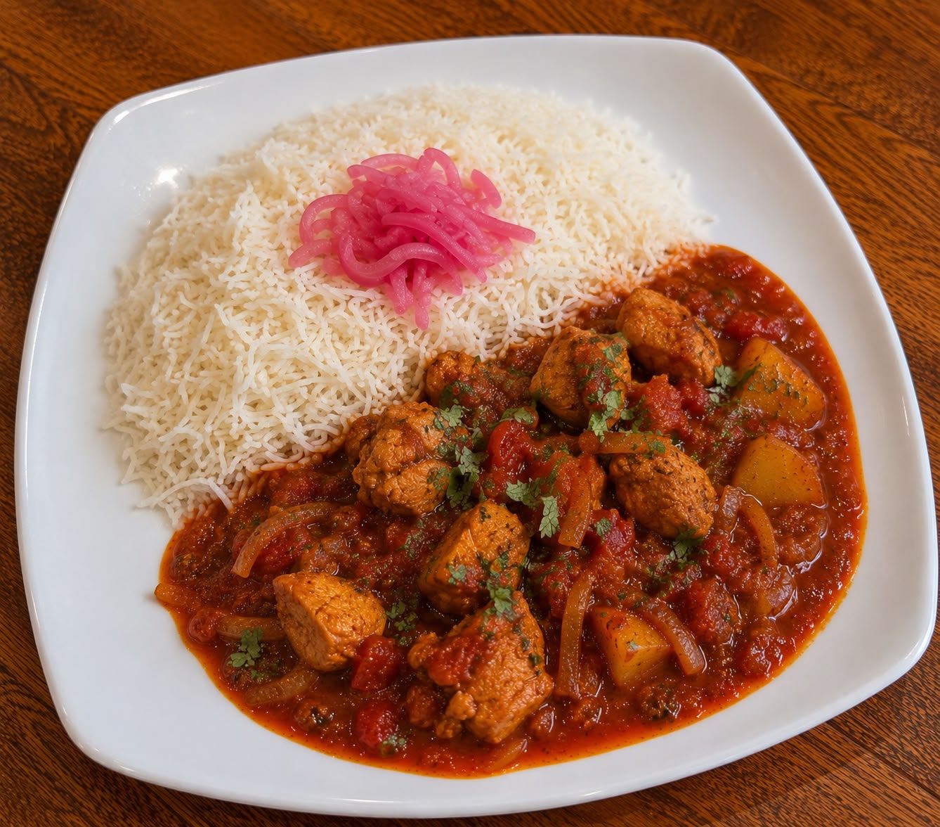 Chicken vindaloo served over rice