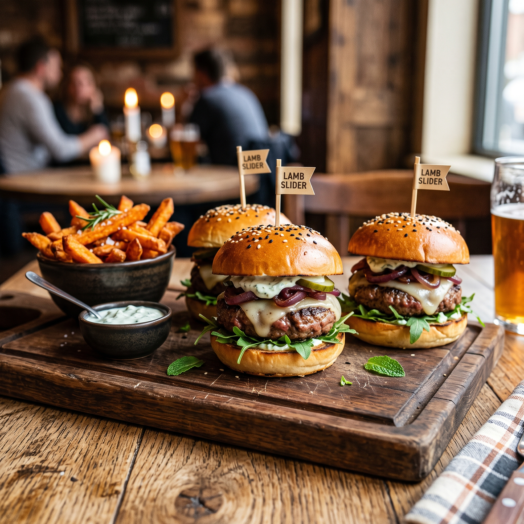 Lamb sliders with lettuce, tomato and pickled onions