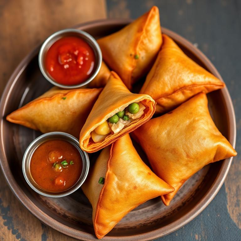 Golden crispy samosas with tamarind and mint chutney